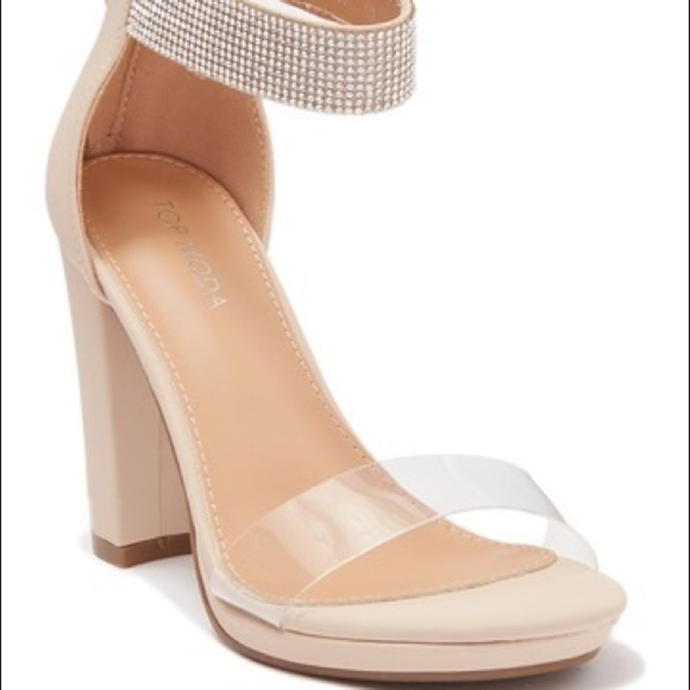 Nude embellished block heel sandals